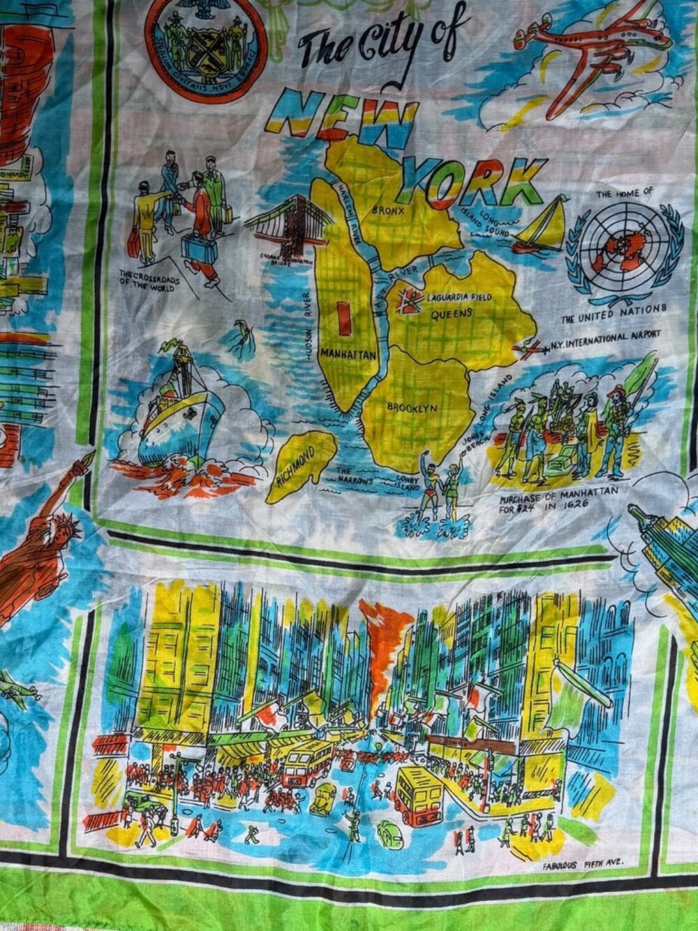 Vintage 1950s New York City Pure Silk Hand Screen Printed Souvenir Scarf - Picture 6 of 11